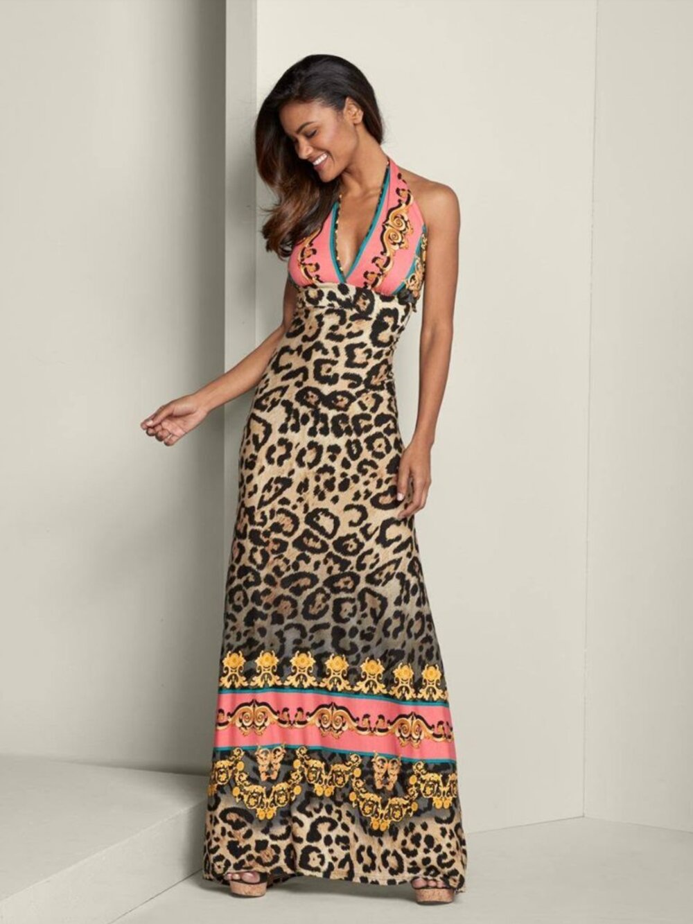 Venus Leopard Print Halter Maxi Dress with Coral & Gold Accent size XS/2